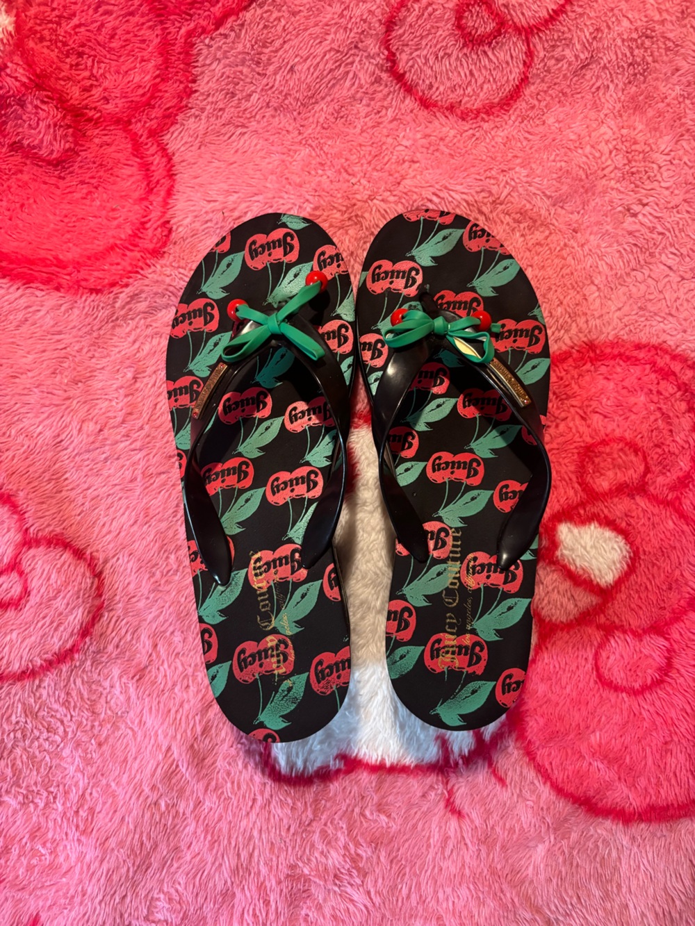 Juicy Couture Black Cherry Print Sandals with Green Accents